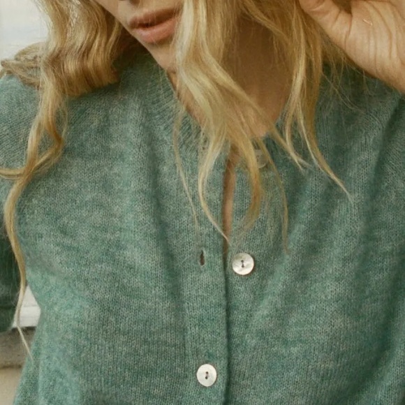 NWT Doen Petra Alpaca Merino Wool Crew Neck Button Cardigan Sweater Bleu Menthe - Picture 6 of 7